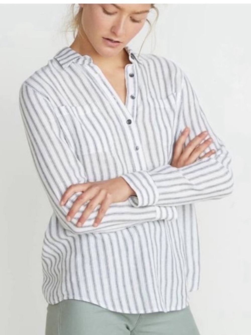 Marine Layer Women’s Striped Button-Down Shirt - White & Blue Long Sleeve